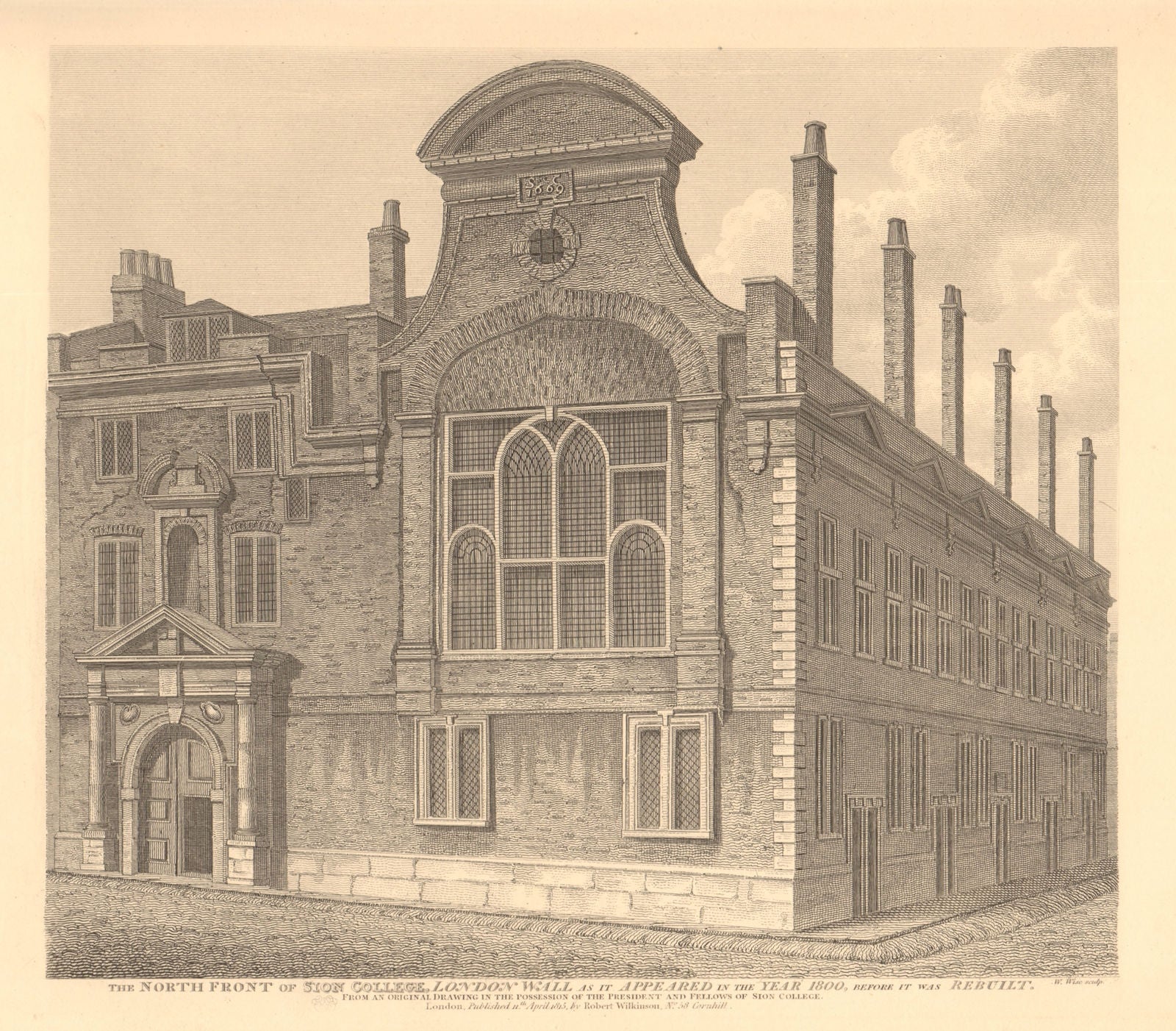 SION COLLEGE, LONDON WALL in 1800, before being rebuilt. WILKINSON 1834 print